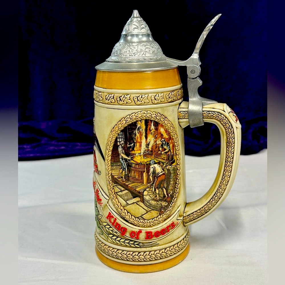 Vintage Ceramic Budweiser Beer Stein with Silver Lid
